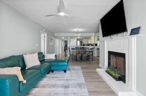 TV, fireplace, video games, DVD player