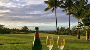En flaska champagne av märket Veuve Clicquot, två glas och en tallrik med kakor står på ett träbord utomhus.