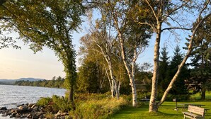 Un parc au bord du lac, avec un banc, des arbres et une table de pique-nique.