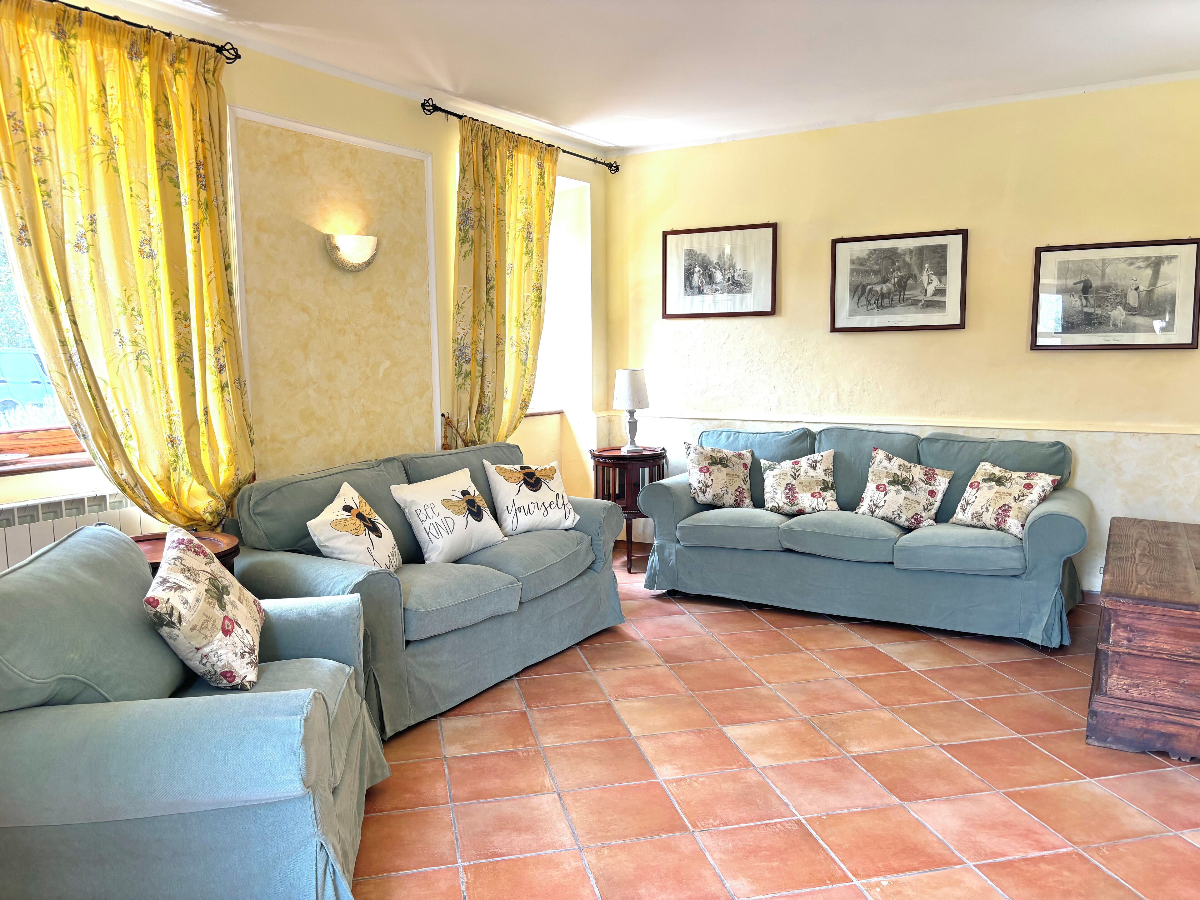 Télévision, cheminée, lecteur de DVD, livres