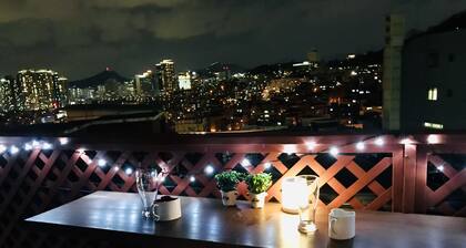 Amazing view from a private rooftop on the hill of Namsan in center of seoul