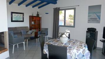 TV connectée, cheminée, lecteur de DVD, livres