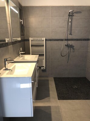 Douche, sèche-cheveux, serviettes fournies, papier toilette