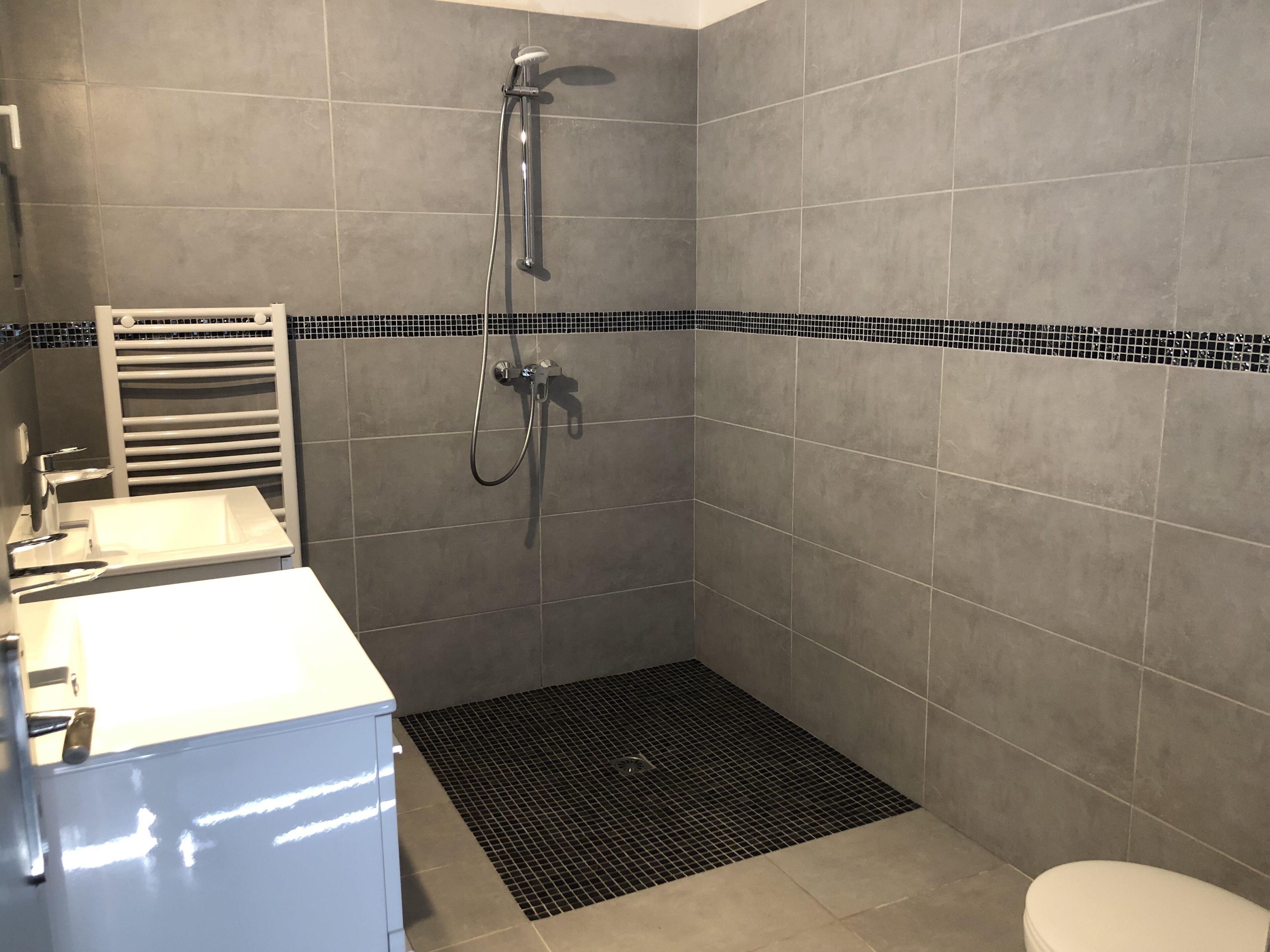 A modern bathroom with a shower, toilet, and sink.