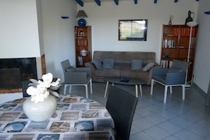 Smart TV, chimenea, reproductor de DVD, libros