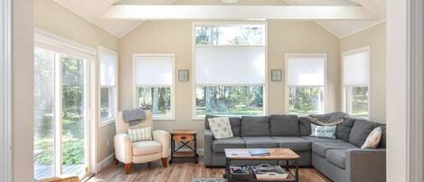 Télévision, cheminée, espaces bureaux