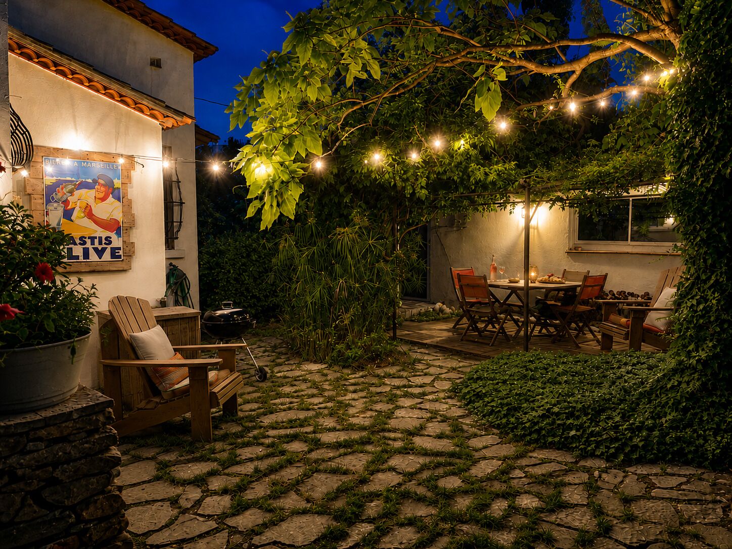 A patio with stone flooring, wooden furniture, and string lights.
