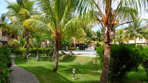 A well-maintained garden with palm trees, a pathway, and a pool area. - Superb apartment-300m from beach (Rate incl. free WiFi, maid service, parking..) (Flic en Flac)