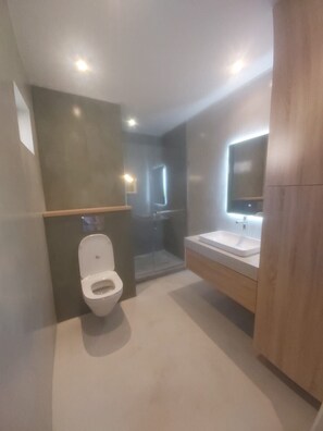 Een bad/douchecombinatie, een haardroger, handdoeken, toiletpapier