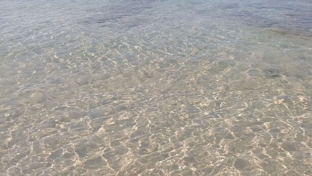 Une vue dégagée sur une plage aux eaux calmes, avec des bateaux qui se dessinent à l'horizon.
