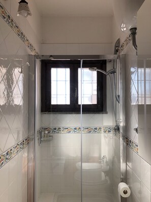 Douche, sèche-cheveux, serviettes fournies, savon