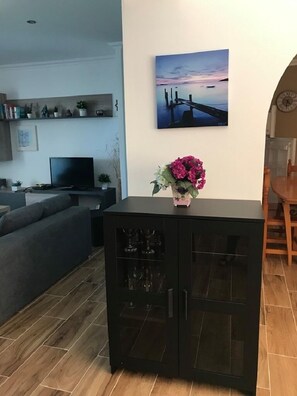 TV, DVD player, books, video library