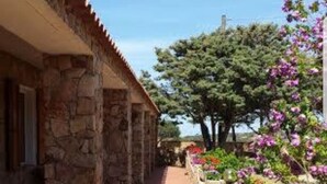 A stone building with a tiled walkway leading to a door. There are potted plants with flowers along the right side. - Gallura House Sardinia (trinita d agultu e vignola)