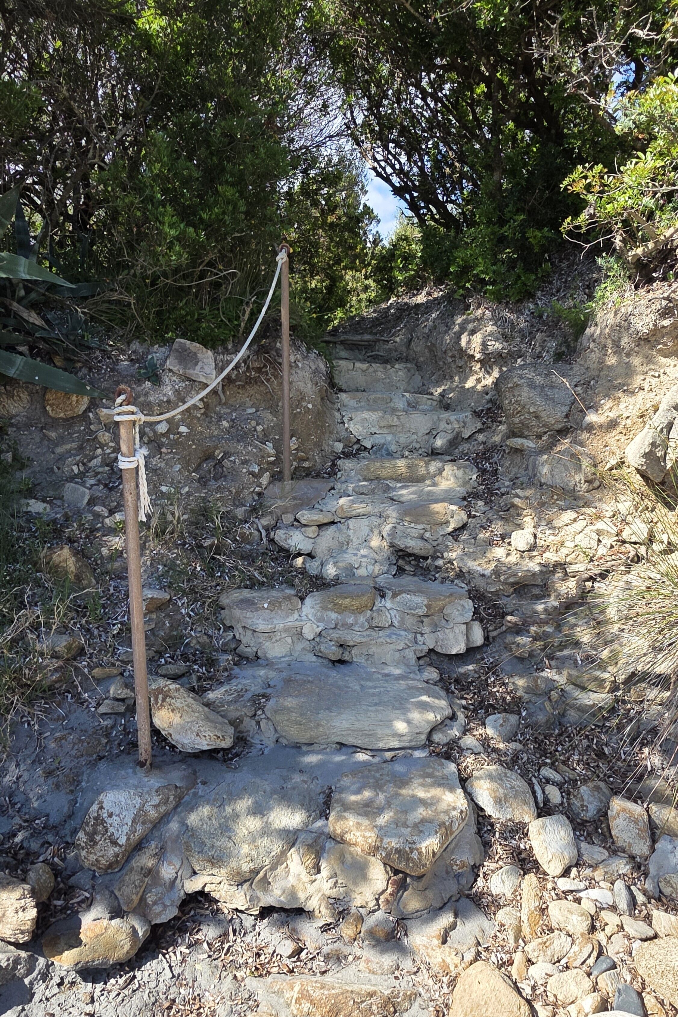 A stone pathway leading uphill with a rope barrier on the left.
