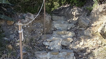 A stone pathway leading uphill with a rope barrier on the left.