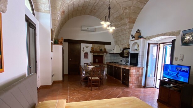 A spacious room with a high arched ceiling, a bed with yellow bedding, a dining area with chairs, a kitchen with a stove, and a television. - Typical Salento residence (Alessano)