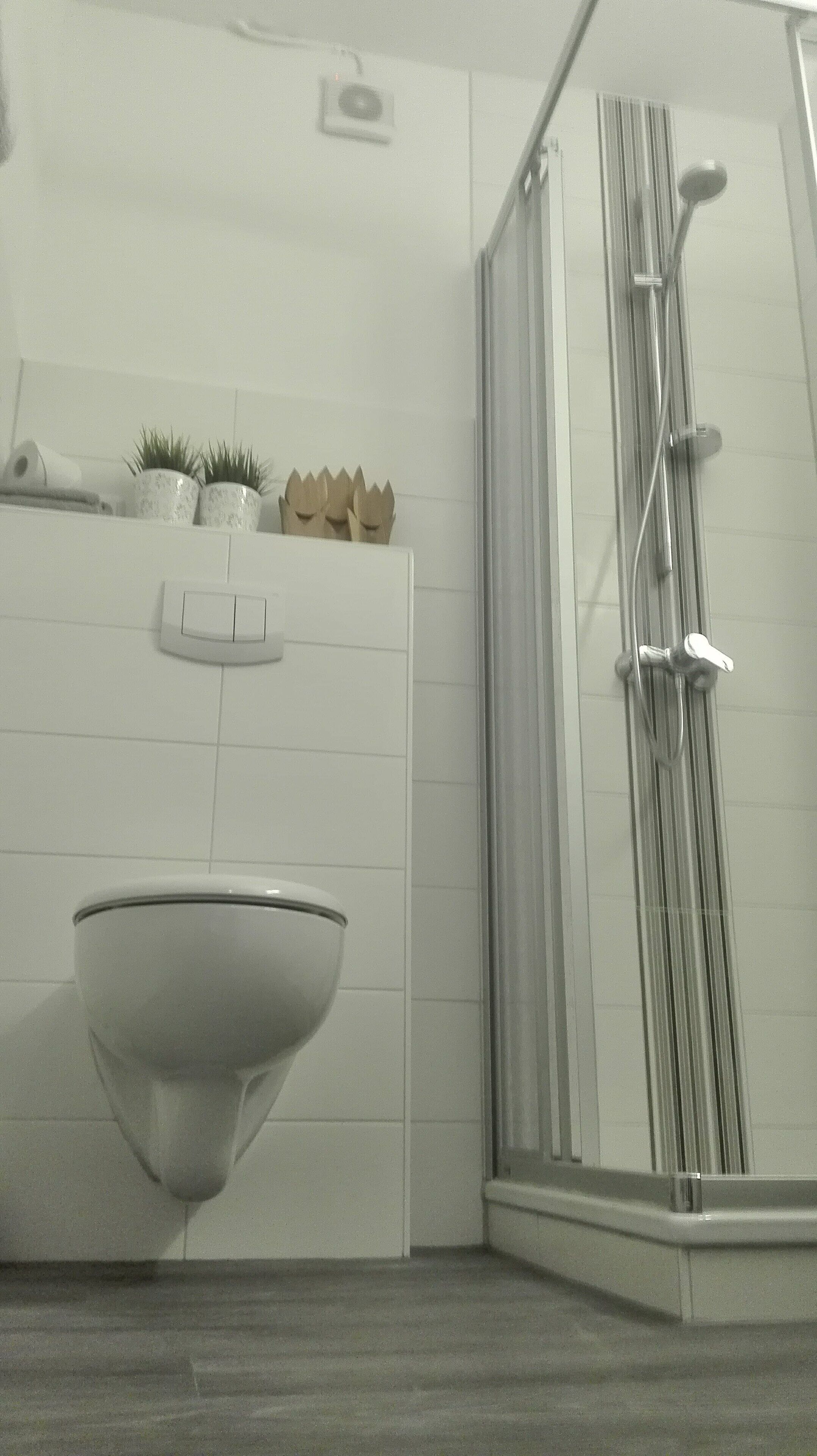 Et badeværelse med en hvid vask, en brusekabine i glas og et toilet.