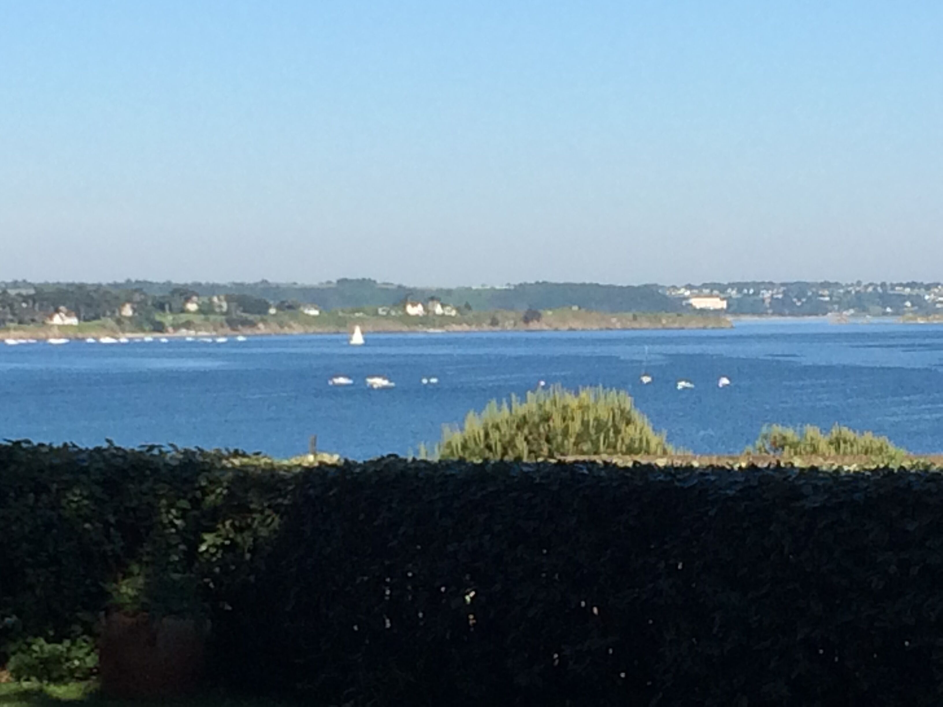A coastal view with a body of water, boats, and distant buildings.