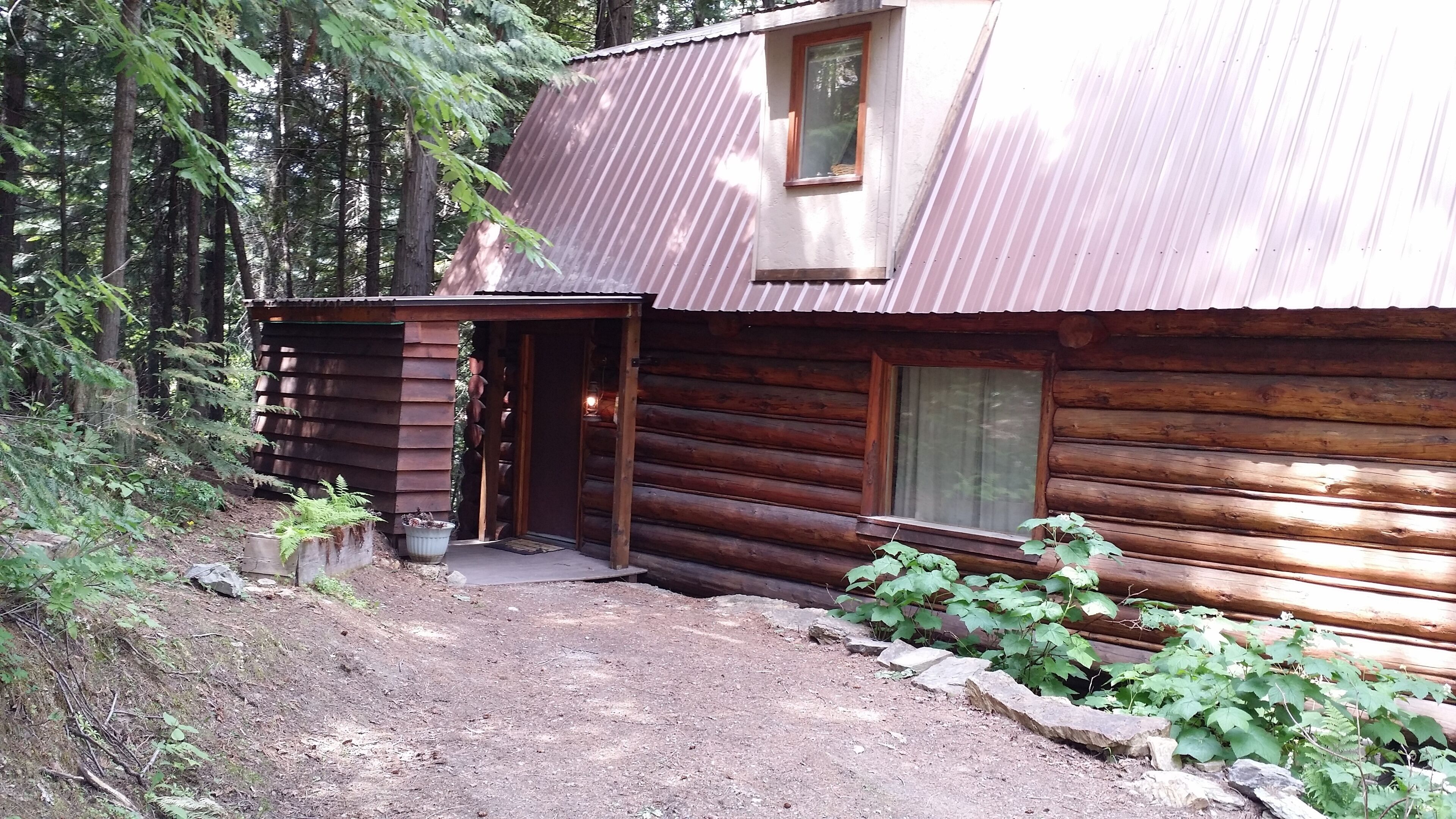 A rustic log cabin with a metal roof, a wooden porch, and a small garden area.