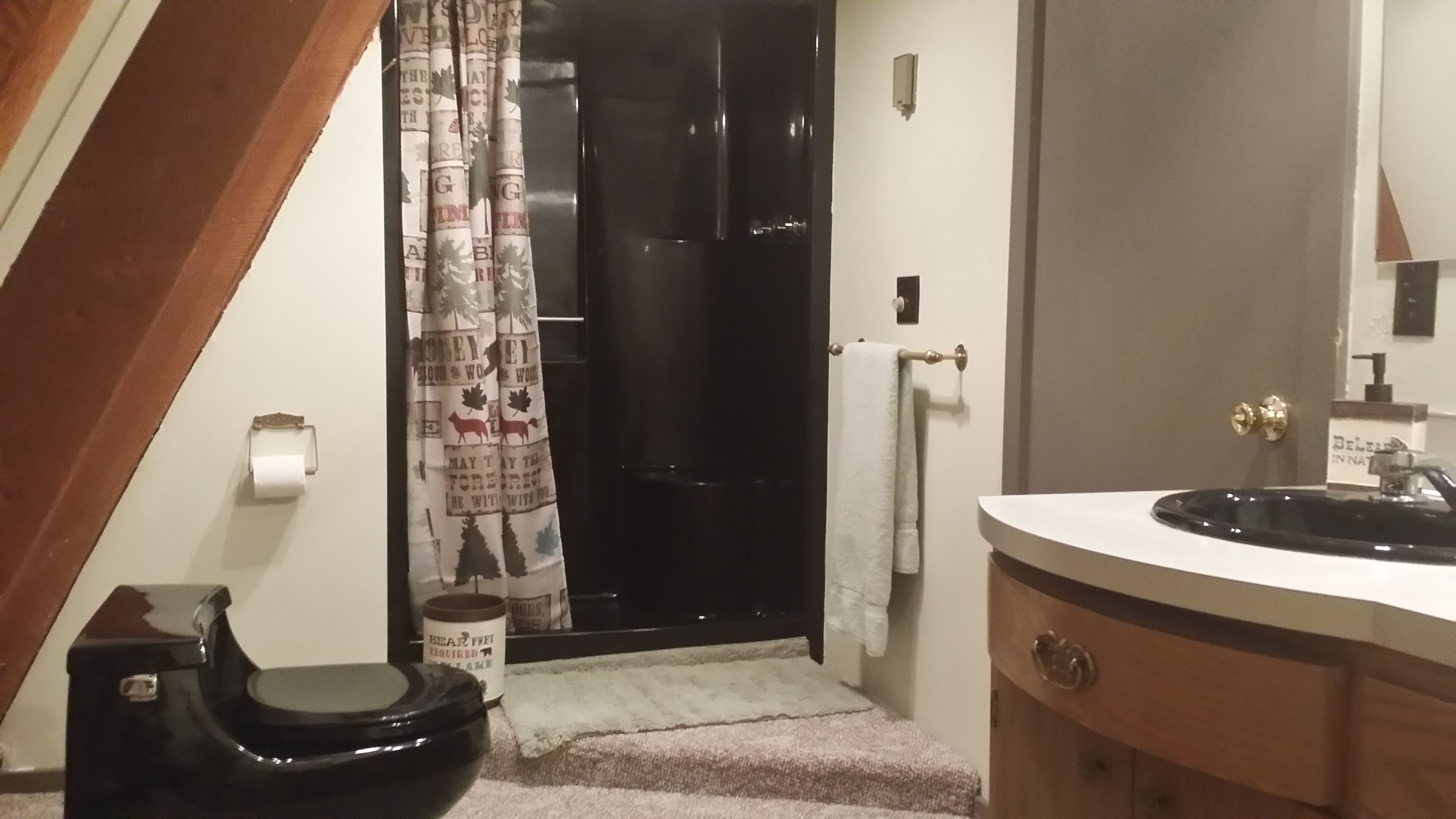 A bathroom with a black toilet, a white sink, and a shower curtain with a forest theme.
