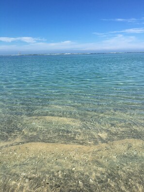 A clear view of a beach with shallow water revealing the sandy bottom.
