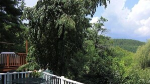 A deck with a table and chairs, surrounded by lush greenery and a view of a forested hillside. - The Best Historic District Victorian Cottage in Eureka Springs (Eureka Springs)