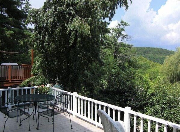 A deck with a table and chairs, surrounded by lush greenery and a view of a forested hillside.