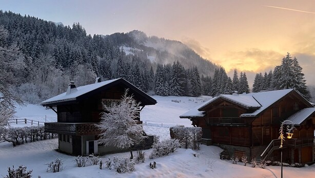 A wooden cabin with a balcony, surrounded by snow-covered trees and a mountain in the background. - Apartment 4 to 6 people, 52m2, Chatel, Linga, ski Portes du Soleil, MultiPass  (Châtel)
