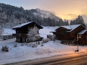 A wooden cabin with a balcony, surrounded by snow-covered trees and a mountain in the background.