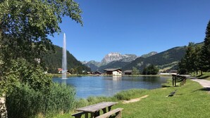 A lakeside view with a fountain, picnic table, and mountain backdrop. - Apartment 4 to 6 people, 52m2, Chatel, Linga, ski Portes du Soleil, MultiPass  (Châtel)