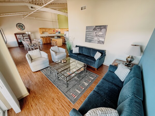 TV, fireplace, books