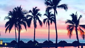 A beach scene with palm trees and a sunset. - Luxurious newly renovated BeachFront Condo & Vidanta Membership (Nuevo Vallarta)