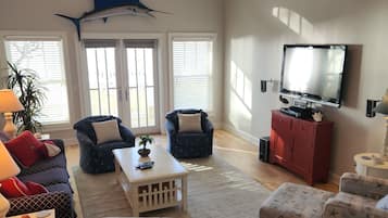 Smart TV, fireplace, DVD player, books