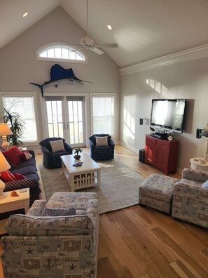 Smart TV, fireplace, DVD player, books