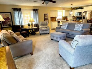 Smart TV, fireplace, DVD player, books