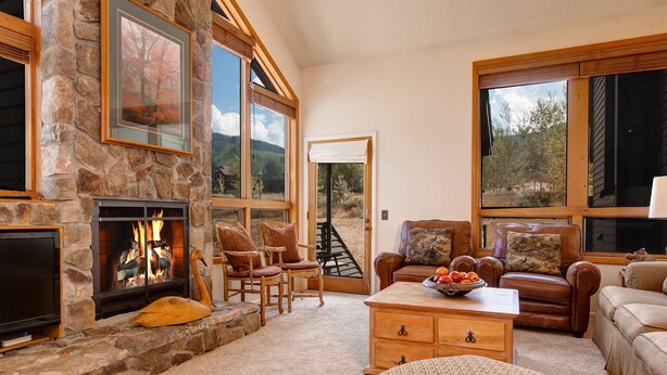 Una sala de estar acogedora con chimenea de piedra, asientos cómodos y ventanas amplias que ofrecen vistas al exterior.