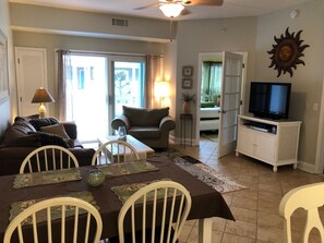 TV, DVD player, video library, stereo