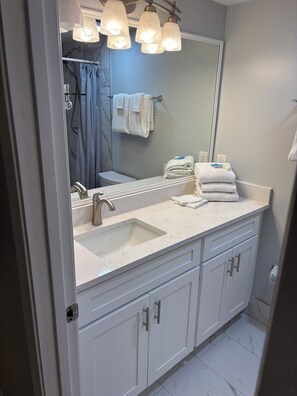 Ensemble douche/baignoire, sèche-cheveux, serviettes fournies