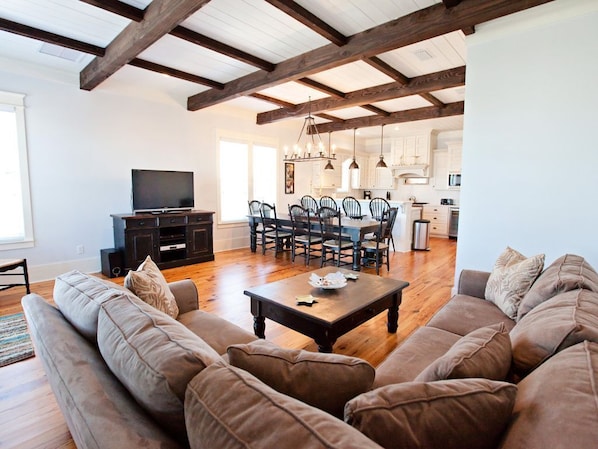 Smart TV, fireplace, video games, DVD player