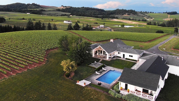 A large house with a swimming pool, surrounded by vineyard fields.