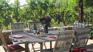An outdoor dining area with a table set for six, surrounded by chairs with red cushions, a bottle of wine, and a bowl of fruit. - Vineyard FarmStay, & Heated Pool from May-Oct. (Glen Ellen)