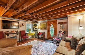 Smart TV, fireplace, DVD player, books