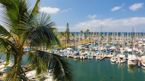 A marina with numerous boats docked, surrounded by palm trees and clear skies.