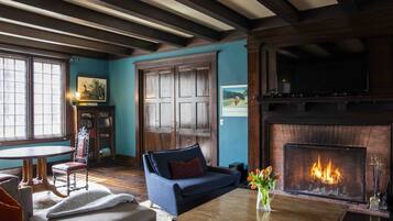 Fernseher, Kamin, Bücher, Musikbibliothek