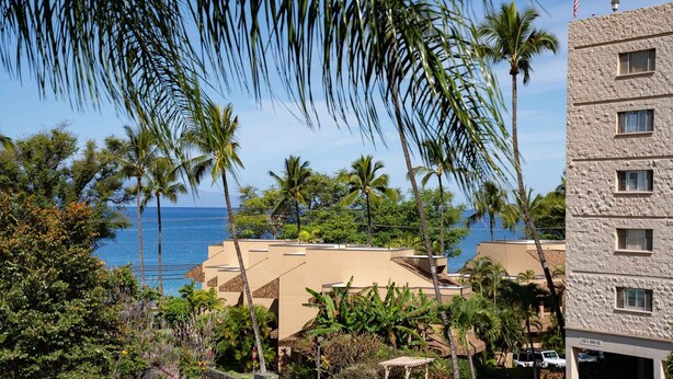 A coastal hotel with a view of the ocean, palm trees, and a parking area.