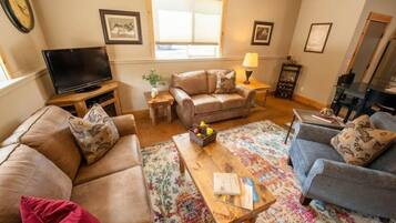 TV, fireplace, DVD player, books