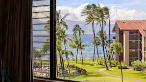A view from a window overlooking a tropical landscape with palm trees, a pathway, and a building with a red roof.