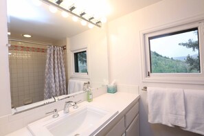 Combined shower/bathtub, hair dryer, towels