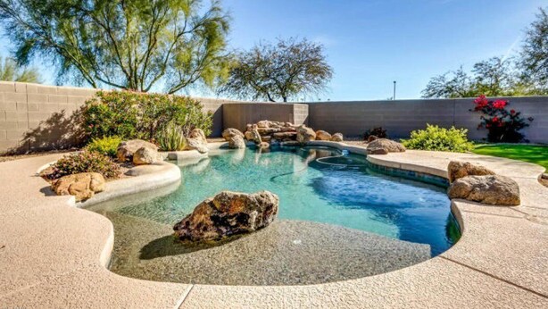 Una piscina de diseño curvo, rodeada de rocas y plantas.