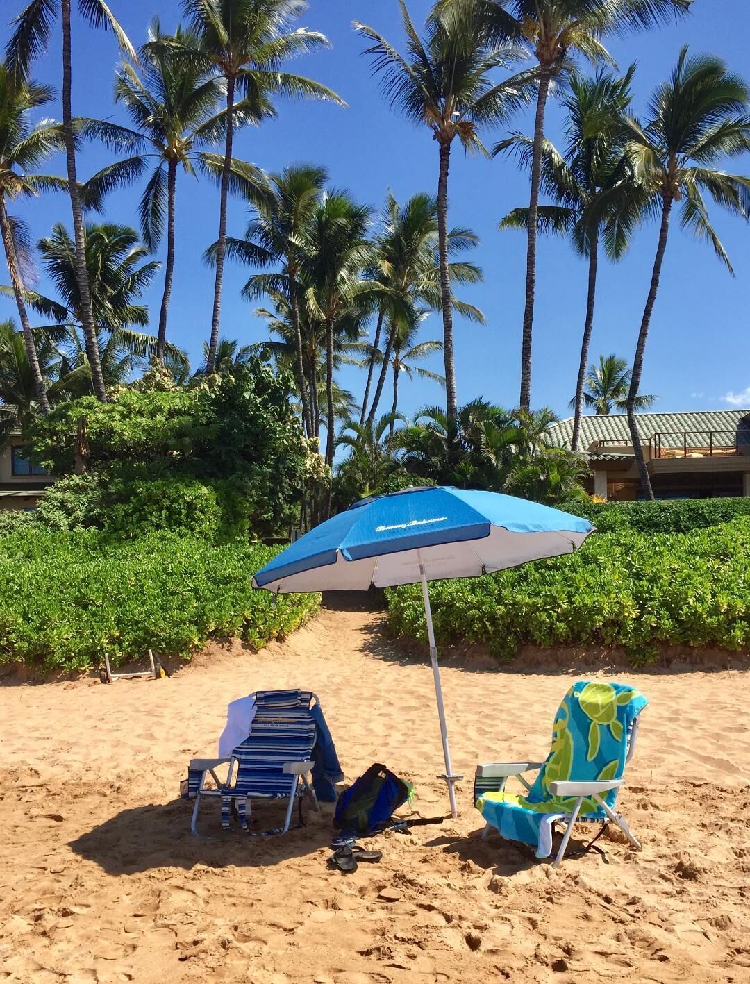 Nära stranden, solstolar och strandhanddukar